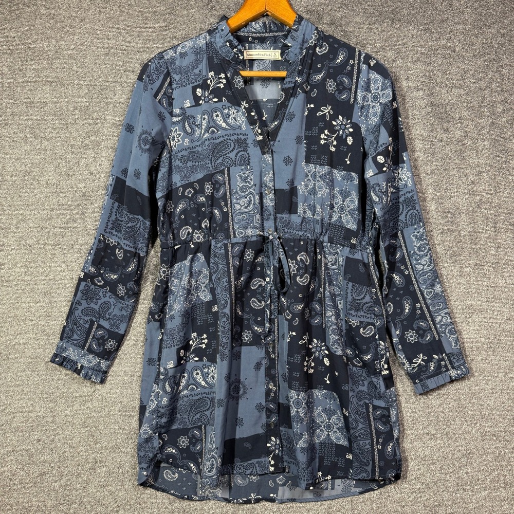 Abercrombie &‎ Fitch Dress S Blue Patchwork Paisley Long Sleeve Drawstring Waist
